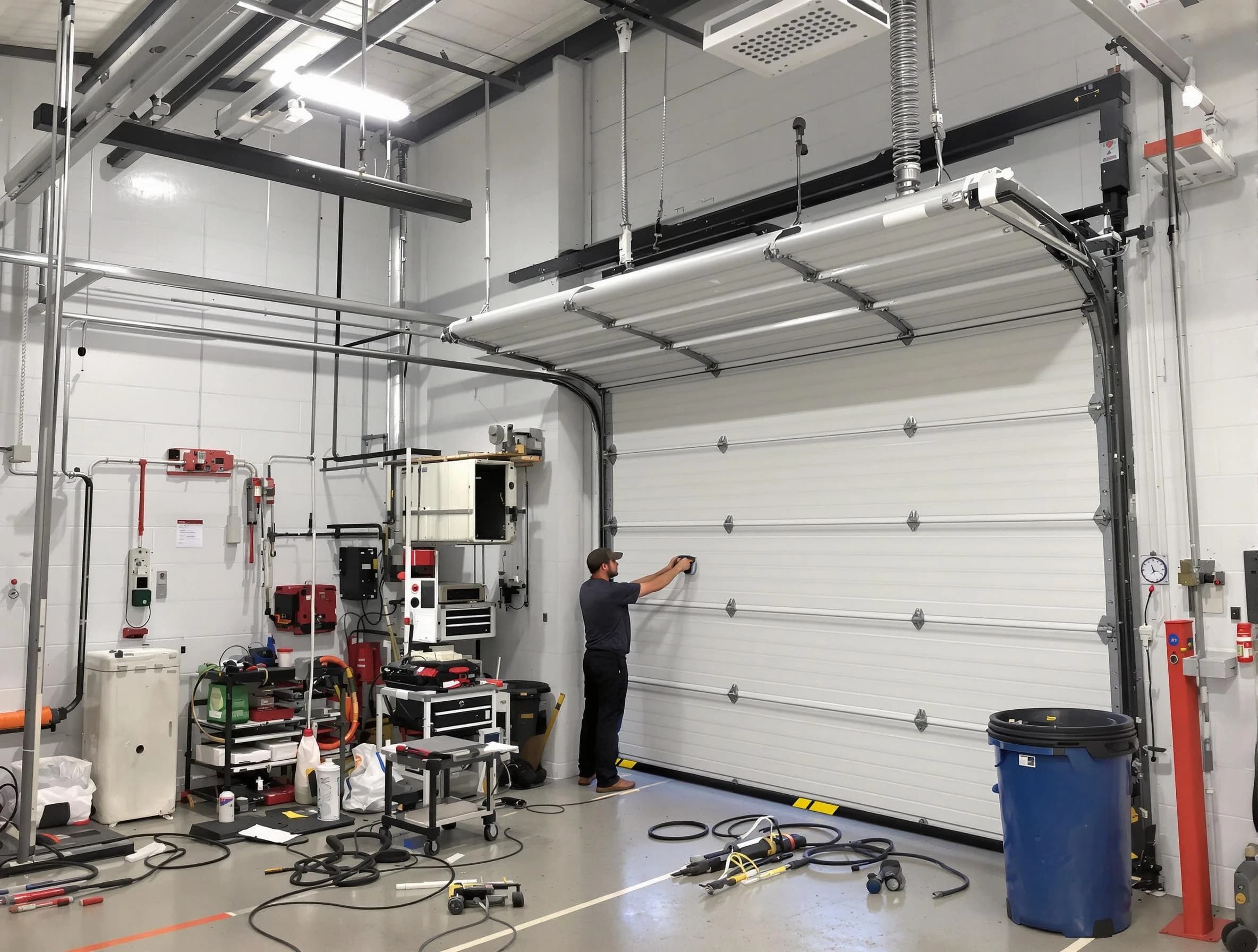 Hoover Garage Door Repair certified technician performing commercial door repair at a Hoover business facility