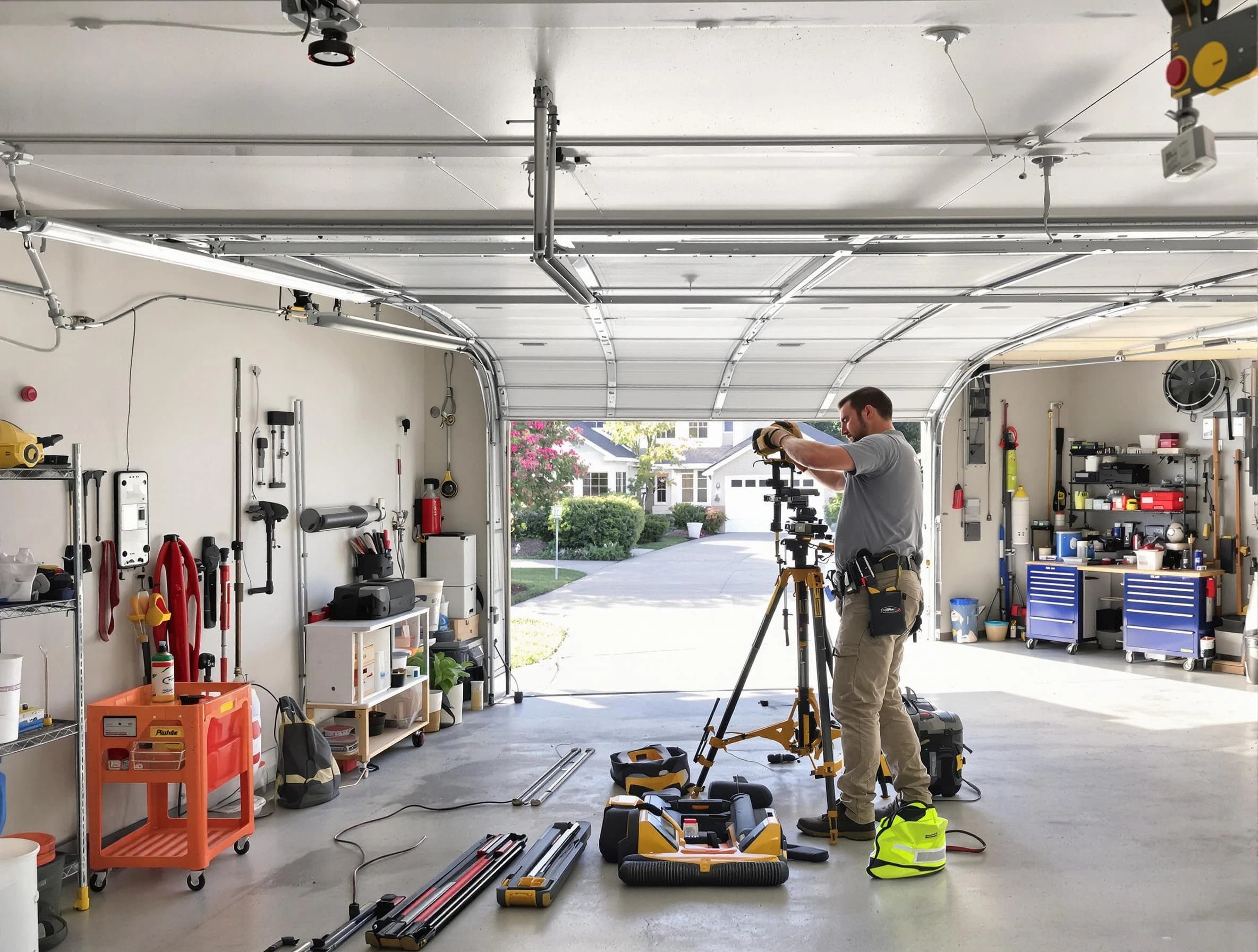 Hoover Garage Door Repair specialist performing laser-guided track alignment in Hoover