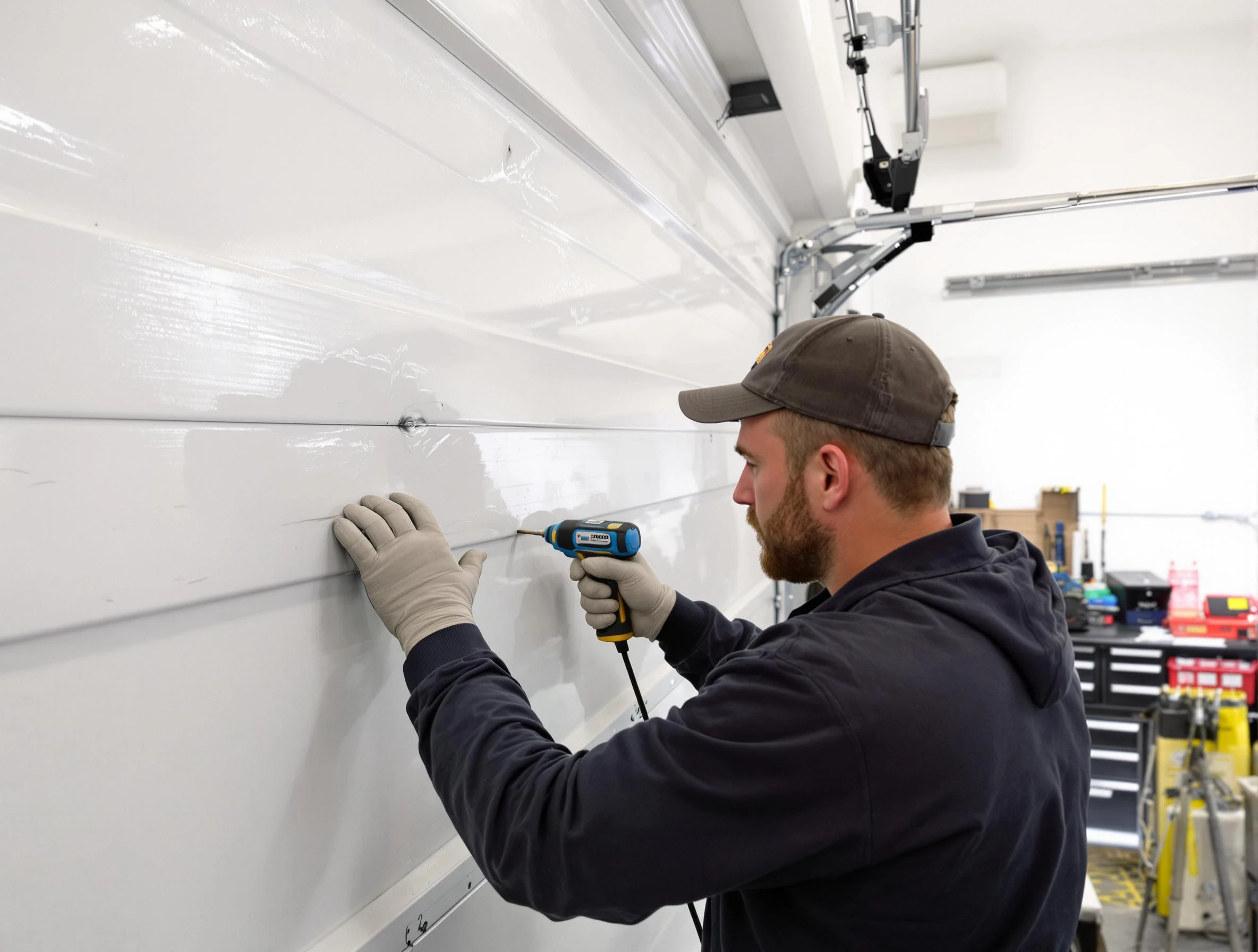 Hoover Garage Door Repair technician demonstrating precision dent removal techniques on a Hoover garage door